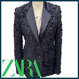 Zara Navy Eyelash Fringe Tuxedo Jacket Blazer (XS)